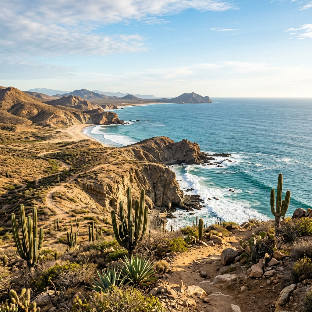 Desert coastline with cacti, rocky cliffs, turquoise water, and distant mountains